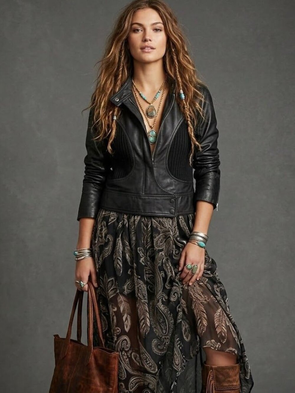 One Girl Who Genuine Leather & Knit Jacket M Boho Lux Shabby Shiek Black Stylish